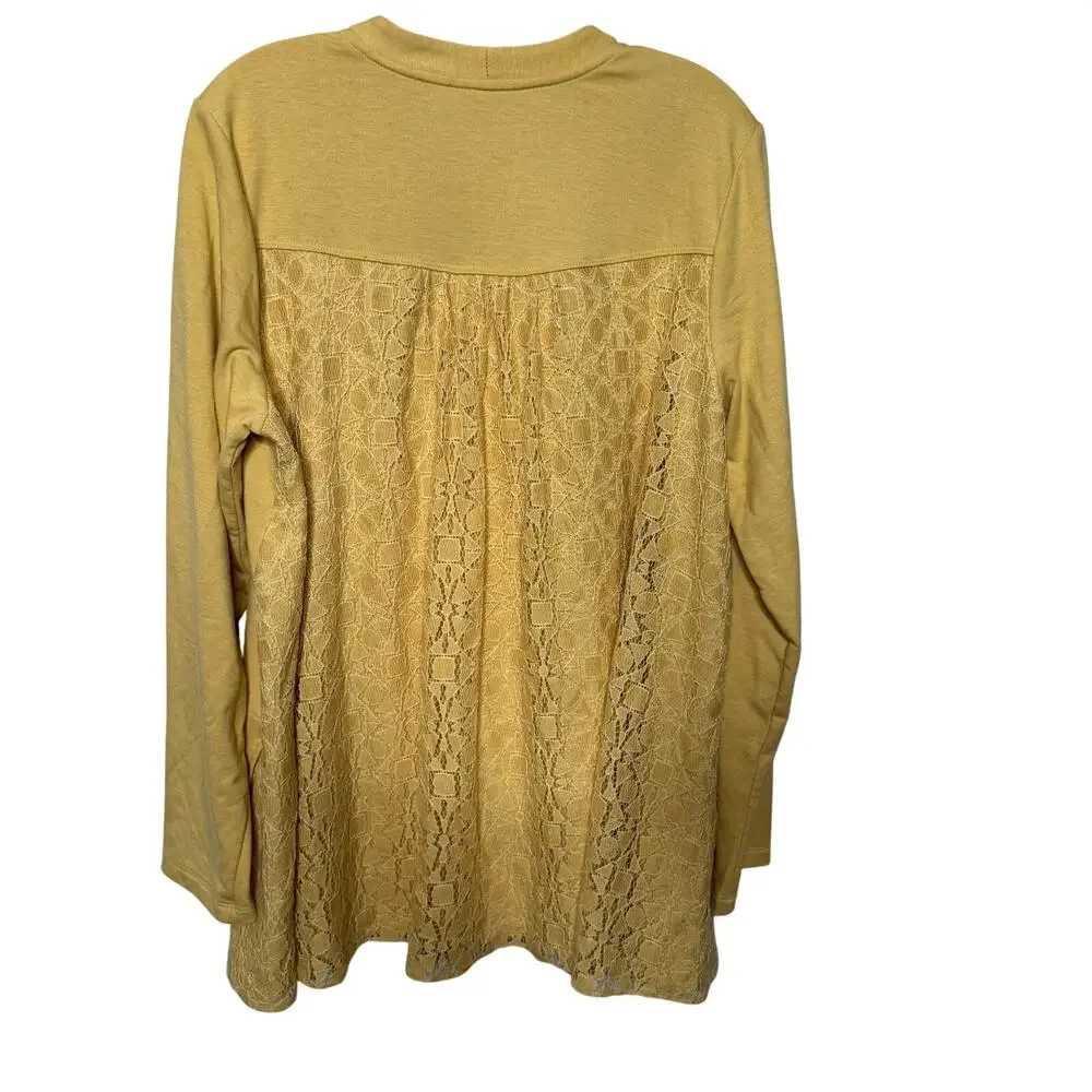 LOGO by Lori Goldstein Lounge Yellow Zip Front Cardigan Women’s Size L Lace Trim